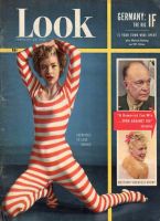 Look Magazine, February 26, 1952 - Cute young woman in curious red and white striped exercise leotard