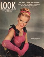 Look Magazine, October 2, 1945 - Woman in striking evening ensemble in black satin and pink crochet