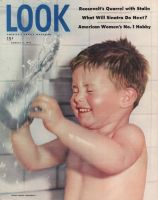 Look Magazine, August 5, 1947 - Cute photo of little boy playing with water in the bath